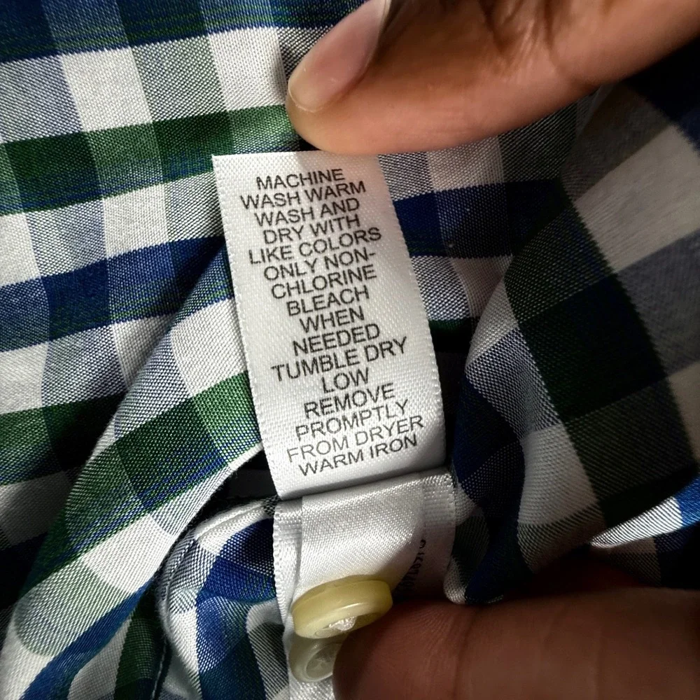 Banana Republic Mens L Green Navy Gingham Non-Iron Tailored Slim Fit Shirt